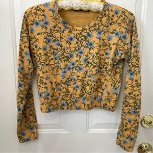 Mustard yellow with Blue Flowers Women's Cropped Top